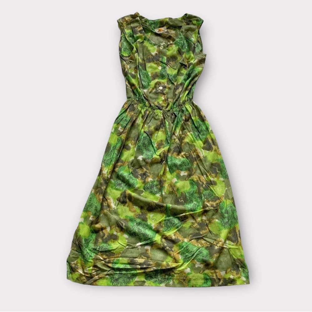 Vintage 70s Green & Brown Abstract Print Dress